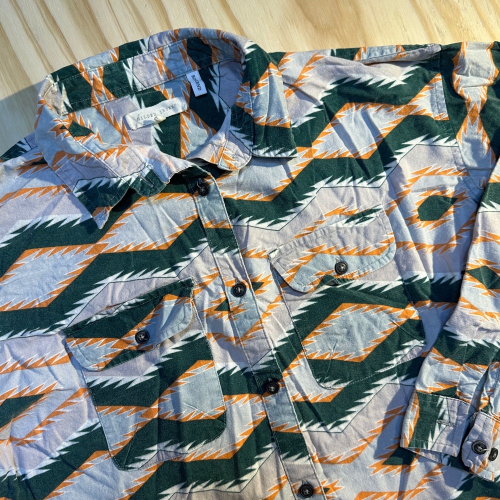 Gilded Intent Womens XS Green Orange Aztec Print Boyfriend Button Down Shirt